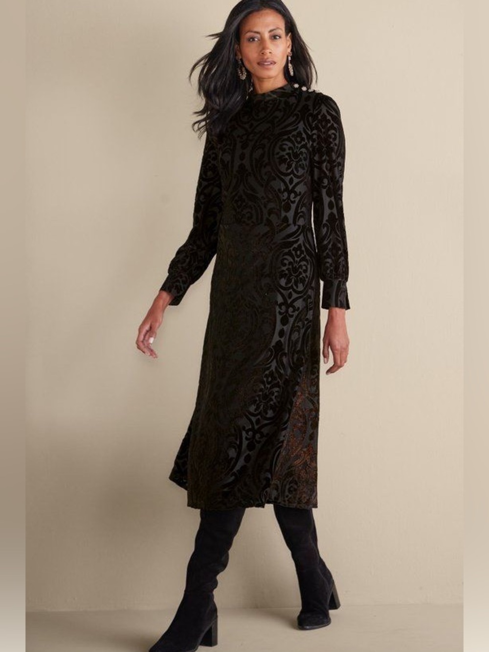 Soft Surroundings Hadley Black Abstract Burnout Velvet Midi Dress 18W Victorian